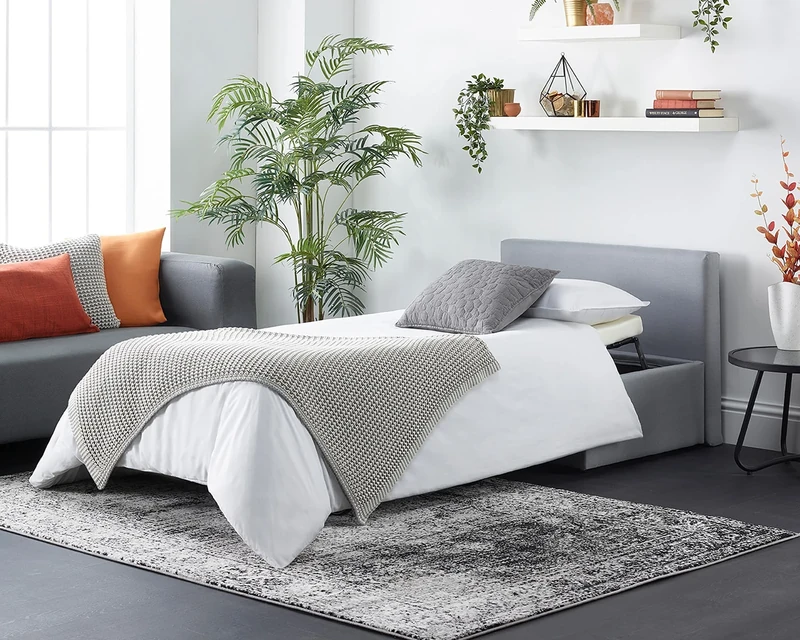 Footstool Sofa Bed Foldaway Single Guest Bed with Mattress In Grey Linen. Multi Function Folding Ottoman Modern Storage Chair & Adjustable Sleeper. Orthopaedic Mattress Included.