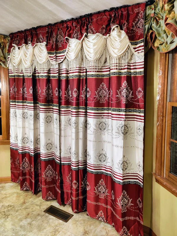 GOHD Harmony Horizon. Jacquard Window Curtain Panel Drape with Attached Fancy Valance. 2pcs Set. Each pc 54" Wide x 90" Drop with 18" Valance. (Burgundy)