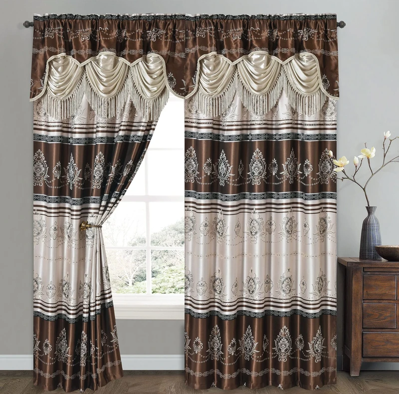 GOHD Golden Ocean Home Decor Harmony Horizon. Jacquard Window Curtain Panel Drape with Attached Fancy Valance. 2pcs Set. Each pc 54" Wide x 90" Drop with 18" Valance. (Brown)