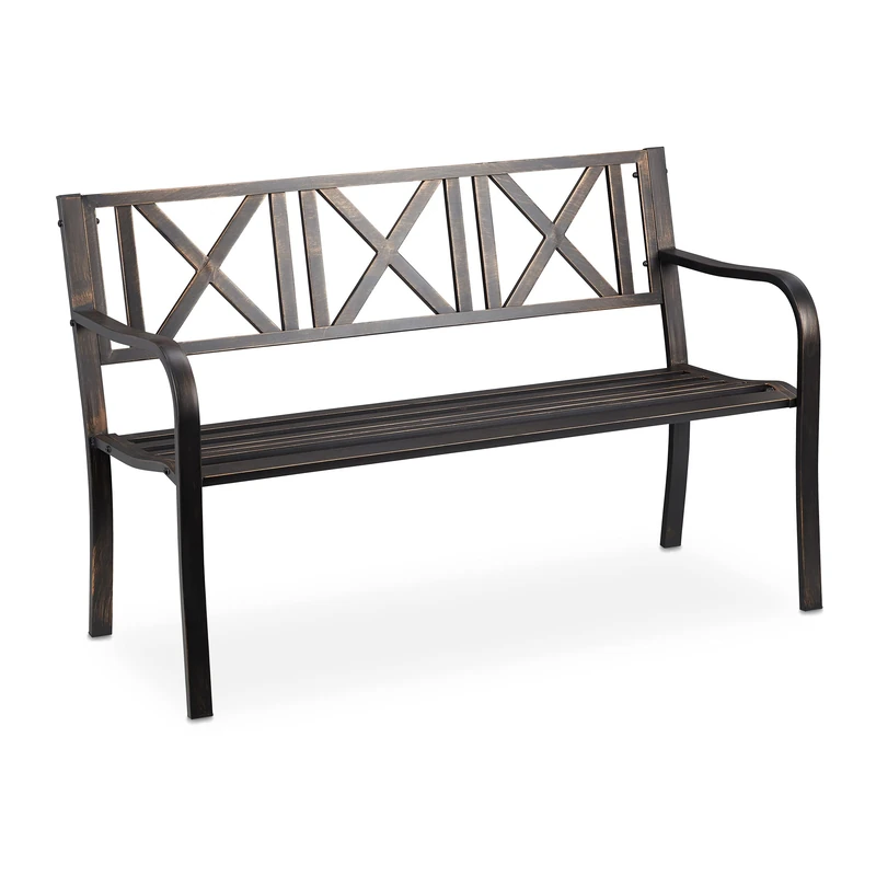 Relaxdays Garden Bench, 2 Seats, Terrace, Balcony, Solid Steel, Pretty Stable Bench, 80.5x127x63cm, Black-Bronze, 1 unit