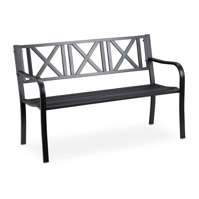 Relaxdays Garden Bench, 2 Seater Terrace, Balcony, Solid Steel, Pretty Stable Bench, 80.5 x 127 x 63 cm, Black