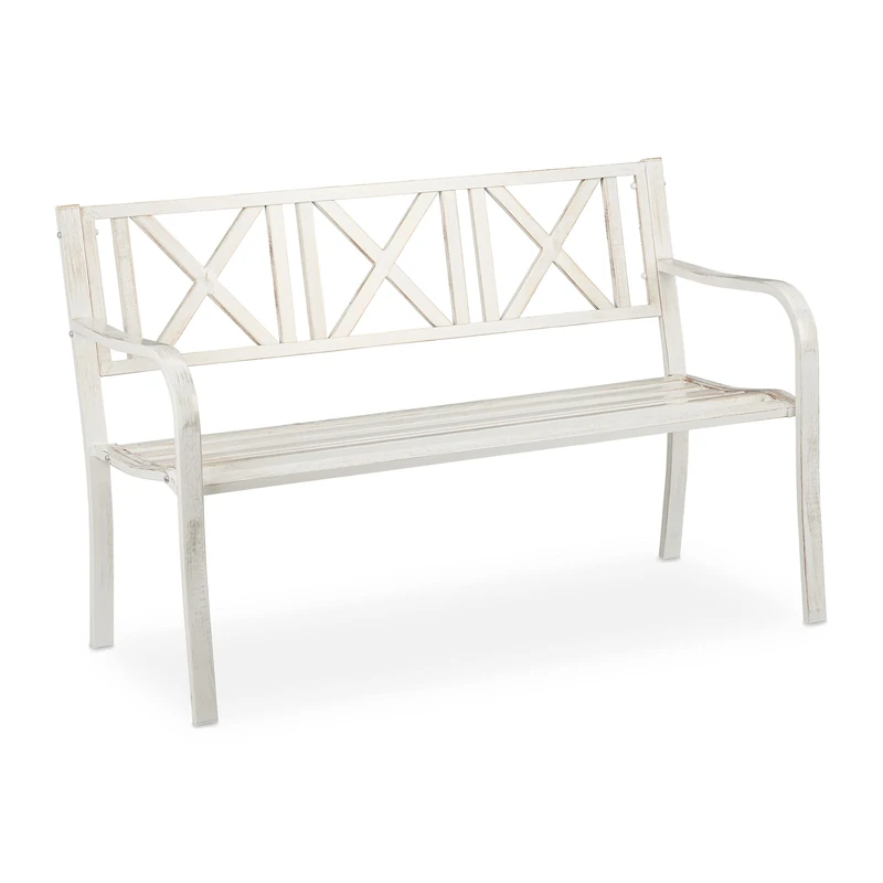Relaxdays garden bench, 2 seater, outdoor seating, made of durable steel, 80.5x127x63 cm (LxWxH), in white-bronze