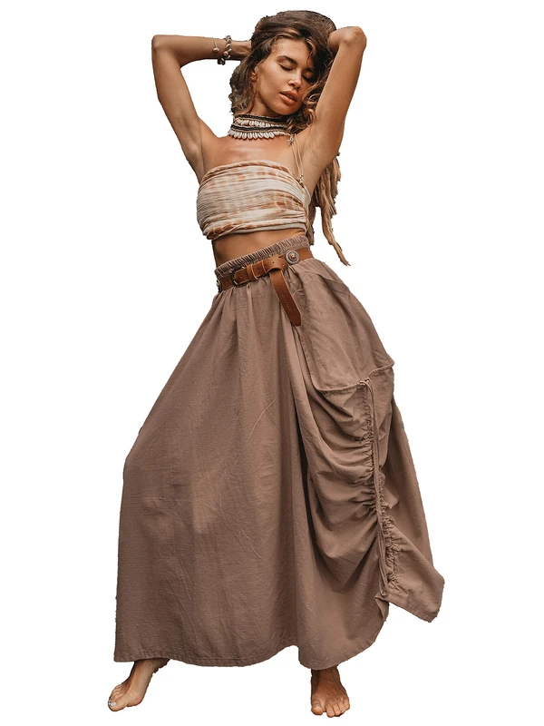 Thaluta Women's Maxi Boho Skirt with Pockets Bohemian Organic Cotton Hippie Gypsy, Desert Orchid, One Size