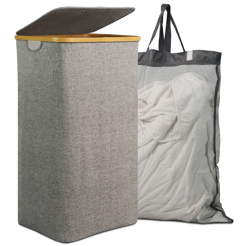 Gadgy Laundry Basket with Lid, Narrow Laundry Hamper, Removable Laundry Bag, Bamboo Laundry Basket Collector, Foldable, Large 103 Litres, Laundry Baskets