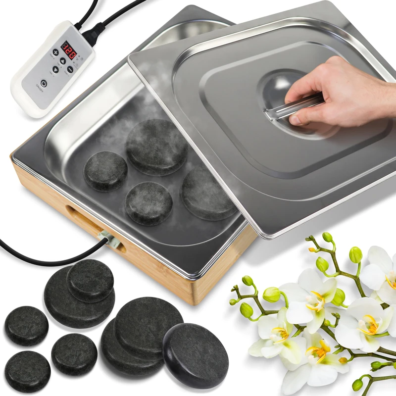 SereneLife Hot Stone Massage Kit with Heater – 12 Black Basalt Stones with Digital Temperature Control & Tray, Portable Electric Spa Set for Professional or Home Therapy