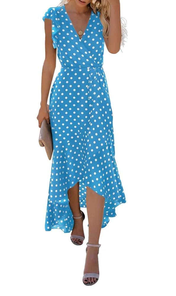 GRECERELLE Womens Summer Maxi Dress Boho Floral Cocktail Polka Dot Wrap Dresses V Neck Casual Party Bohemian Flowy Long Dress for Ladies (Polka Dots-Light Blue, L)