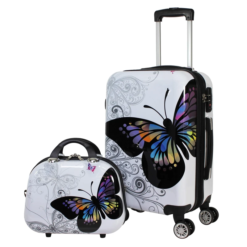 World Traveler Black and White Butterfly 2-Piece Carry-on Spinner Luggage Set, Multicolor, Multicolor, 20 x 13 x 9 inches, Black and White Butterfly 2-Piece Carry-on Spinner Luggage Set