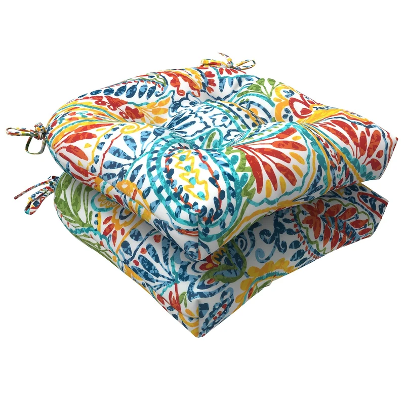LVTXIII Outdoor/Indoor Tufted Seat Cushion, Decorative Wicker Chair Pads All Weather Seat Cushion Sets for Patio Garden Home Office Furniture, 19”x19”x5”, Round Back, Pack of 2, Paisley Multi