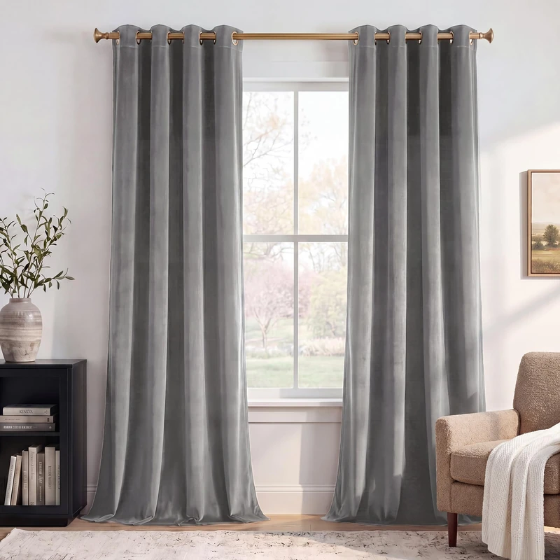 StangH Light Grey Velvet Curtains - Set of 2 Grommet Design Light Blocking Curtain Panels Energy Smart Drapes for Living Room/Bedroom Summer Heat & Winter Chill Insulated, W52 x L84, 2 Panels