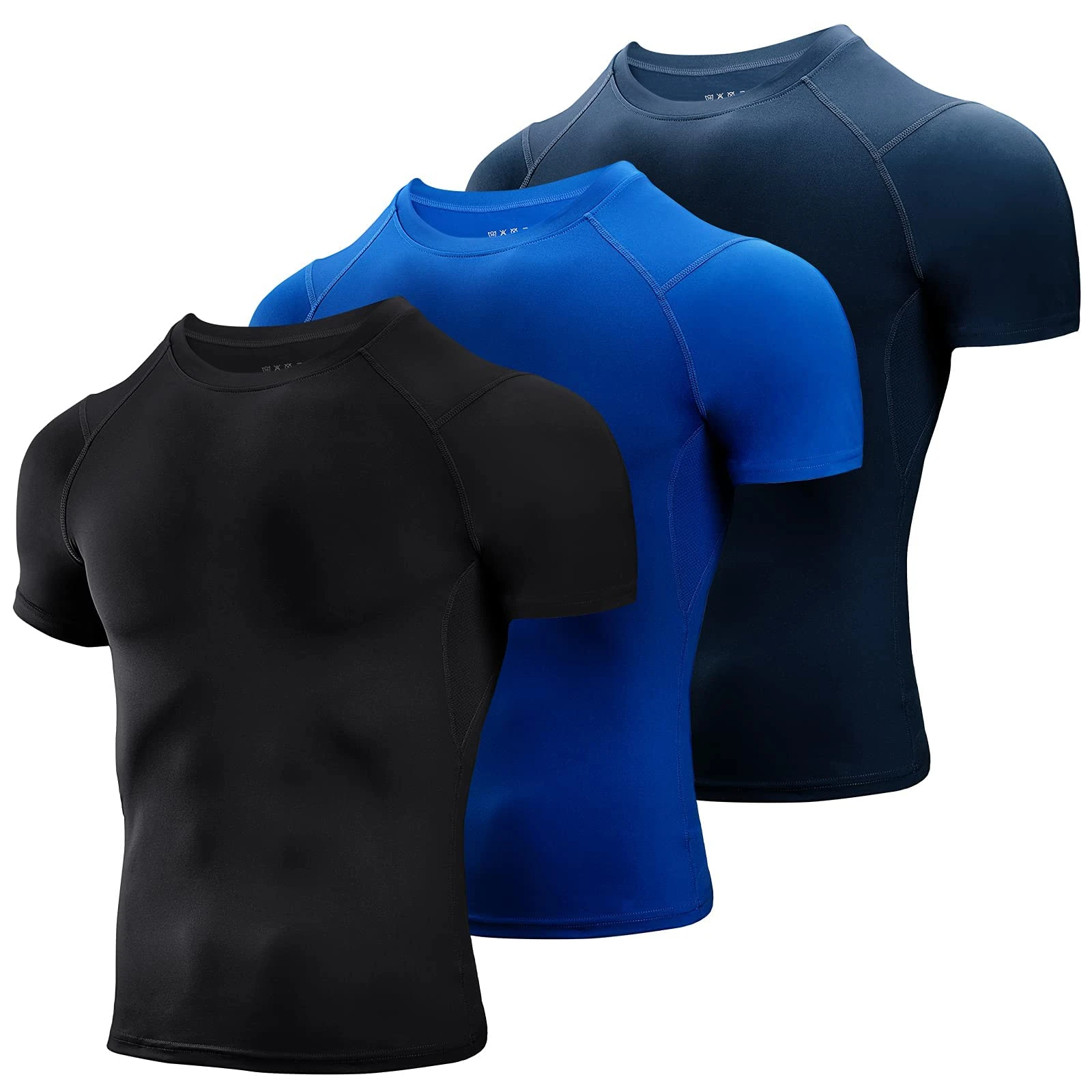 Niksa 3 Pack Compression Tops for Men Short Sleeve Mens Running Top Mesh Design Quick Dry Base Layer Top for Gym Sports Fitness Workout Cycling,Training,Black/Blue/Navy,M