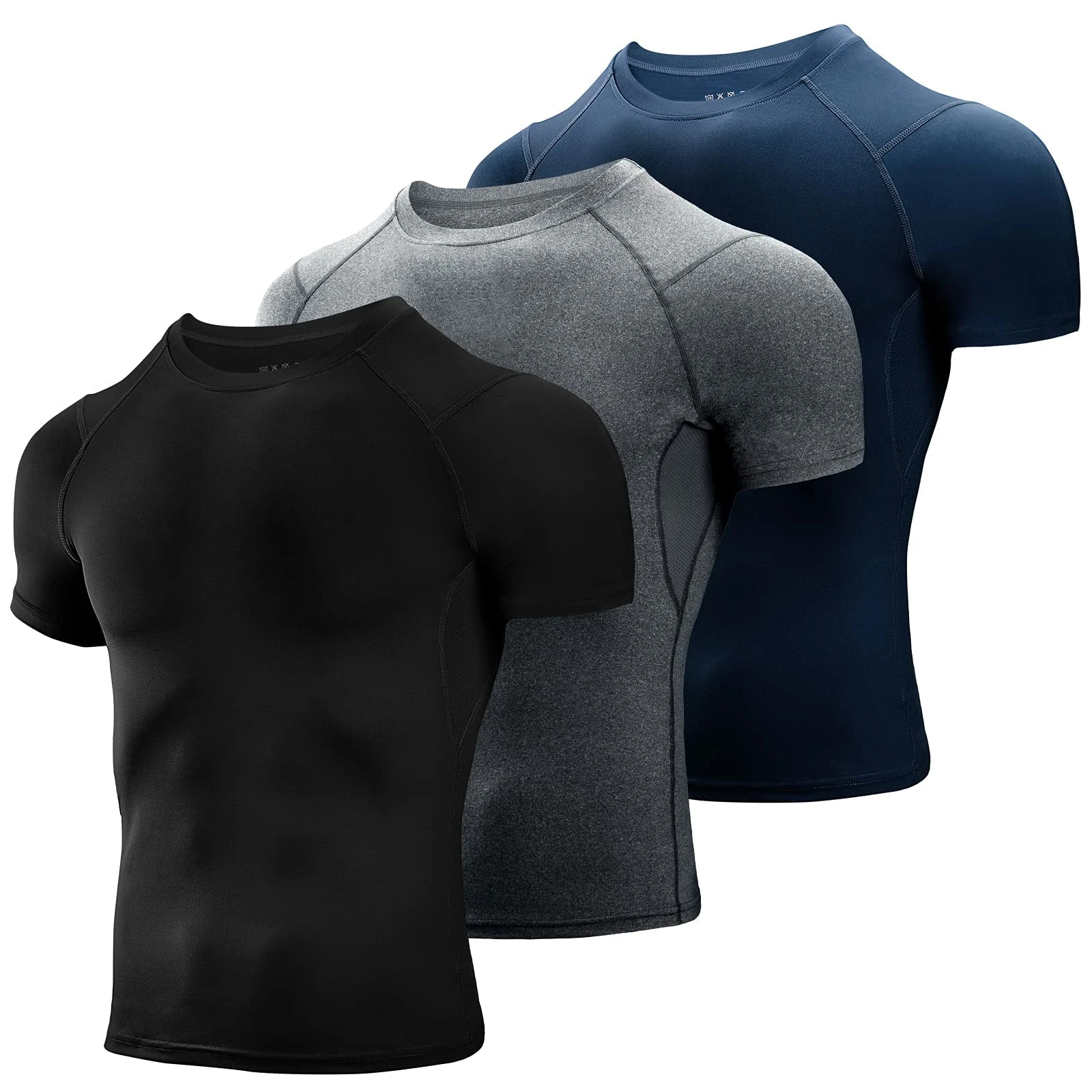 Niksa 3 Pack Compression Tops for Men Short Sleeve Mens Running Top Mesh Design Quick Dry Base Layer Top for Gym Sports Fitness Workout Cycling,Training, Black/Gray/Navy,M
