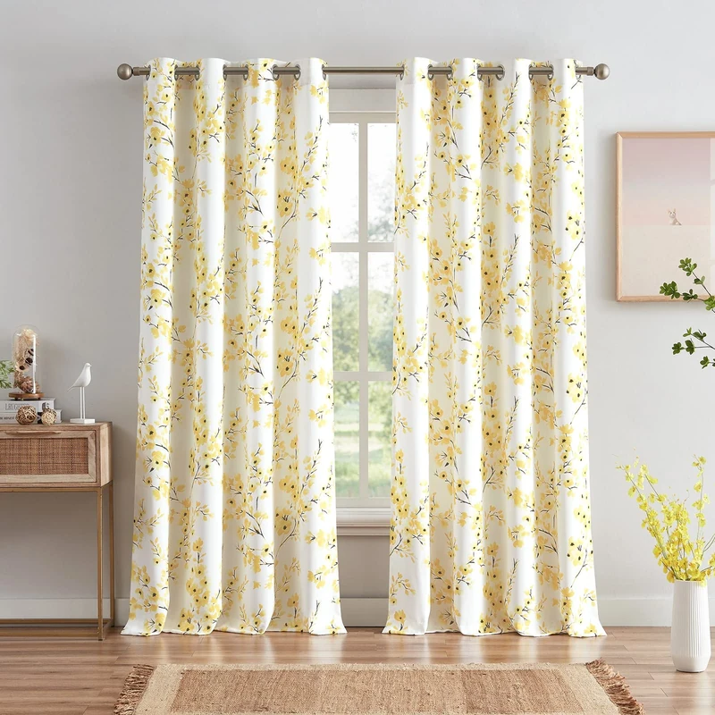 Melodieux Floral Curtains 96 Inches Long for Living Room, Farmhouse Yellow Apricot Flower Print White Decorative Grommet Drapes, 52x96 Inch, 2 Panels