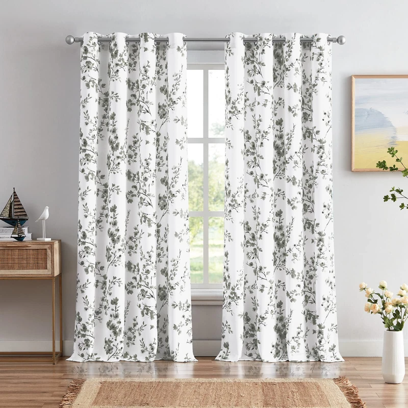 Melodieux Floral Curtains 84 Inches Long for Living Room, Farmhouse Grey Apricot Flower Print White Decorative Grommet Drapes, 52x84 Inch, 2 Panels