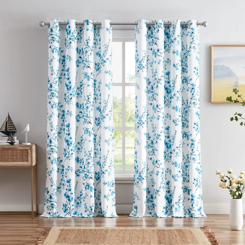 Melodieux Floral Curtains 63 Inch Length for Living Room, Farmhouse Blue Apricot Flower Print White Decorative Grommet Drapes, 52x63 Inch, 2 Panels