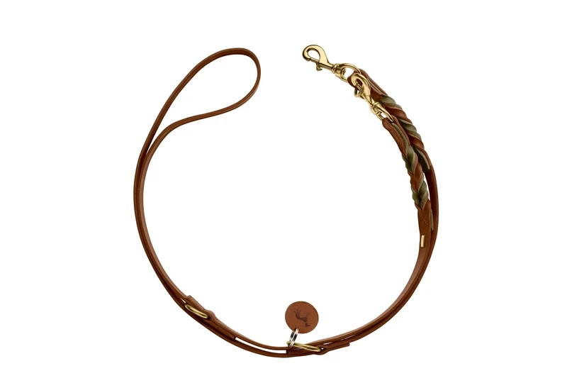 HUNTER Solid Education Duo Adjustable Lead, Colour: Cognac/Olive, Handbraided, 3-Way Adjustable, Robust Leather with Rounded Edges, Includes Key Ring, Size 20/200