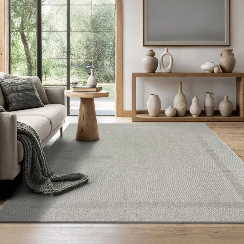 the carpet Mistra Heavy Duty Flat Woven Rugs Modern Design Ideal for Kitchen and Dining Room Trendy Colours Extra Flat Outdoor Use With Trim Grey, 160 x 220 cm