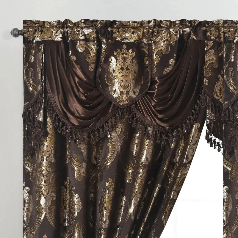GOHD Luxe Love. Jacquard Window Curtain Panel Drape with Attached Fancy Valance. 2pcs Set. (Chocolate, 54" Wide x 84" Drop with 18" Valance x 2pcs)
