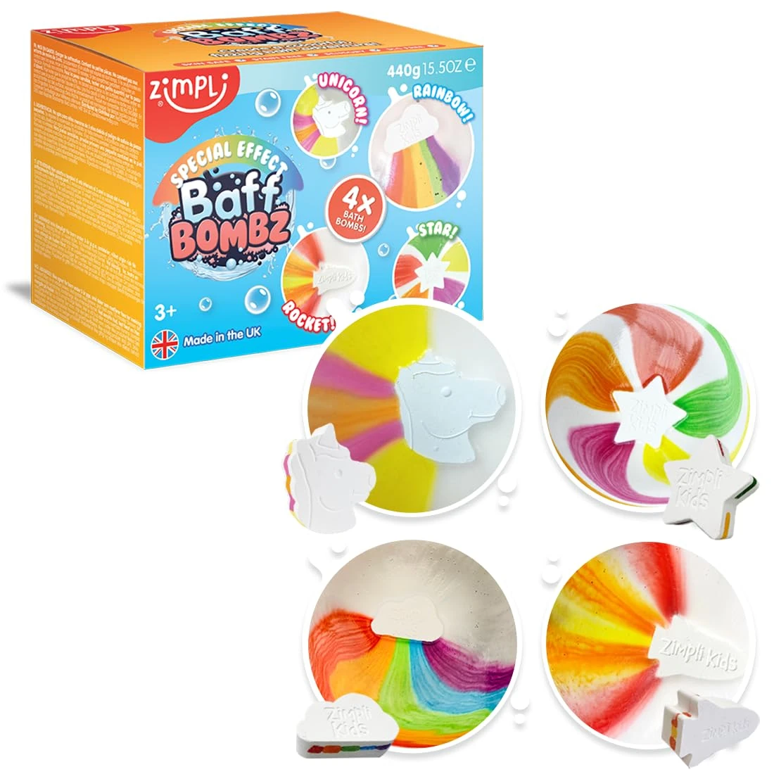 ZIMPLI - 4 x Large Special Effect Baff Bombz Gift Set, Rainbow, Rocket, Star & Unicorn Bath Bombs, Xmas Gift for Kids, Bath Toy, Vegan Friendly & Cruelty Free