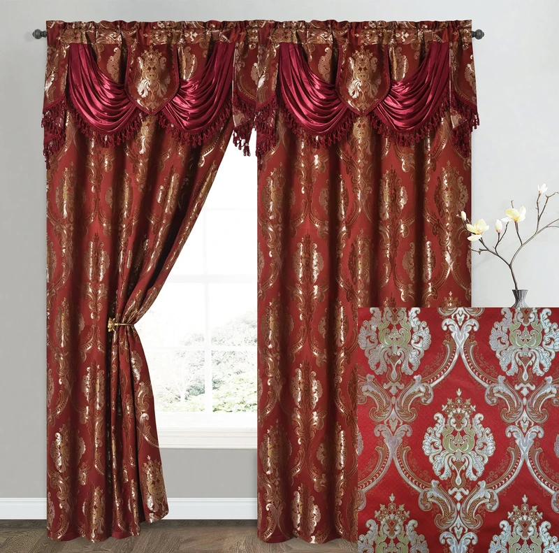 GOHD Luxe Love. Jacquard Window Curtain Panel Drape with Attached Fancy Valance. 2pcs Set. (Wine, 54" Wide x 96" Drop with 18" Valance x 2pcs)