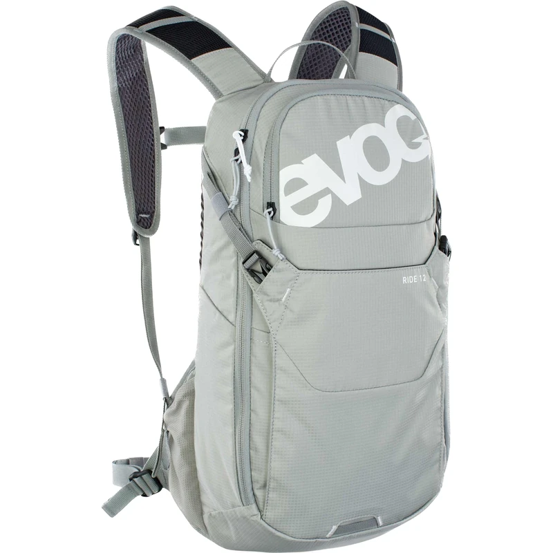 EVOC RIDE 12 bike travel rucksack for trails and other activities (clever pocket management, ventilated with AIR-PAD back padding), Stone Grey