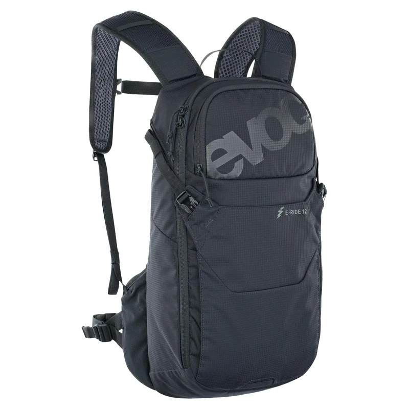 EVOC E-RIDE 12 bike backpack, e-bike rucksack (extra-light, compact, AIR CIRCULATION, AIR PAD SYSTEM, CONTROL DISPLAY PANEL, XC/DH helmet mount, strap fixation system), Black