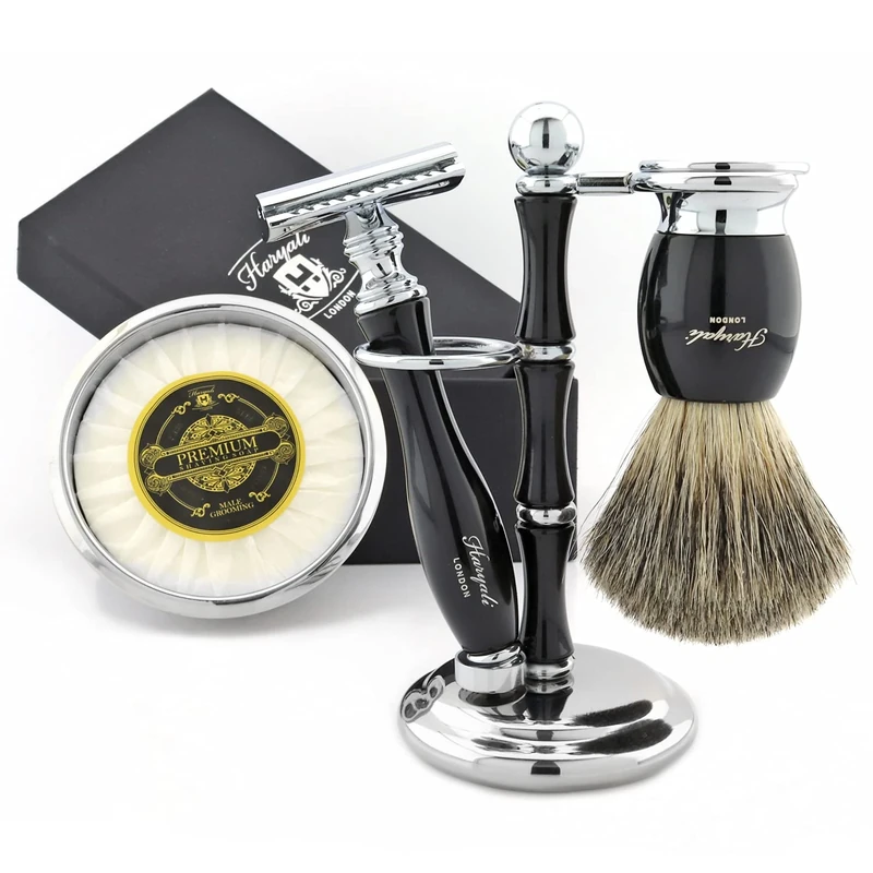 Haryali London 5 Pcs Wet Shave Kit, Complete Shaving Set with Double Edge Safety Razor, Shaving Soap, Shaving Brush, Bowl & Stand – Traditional Shaving Set for Men