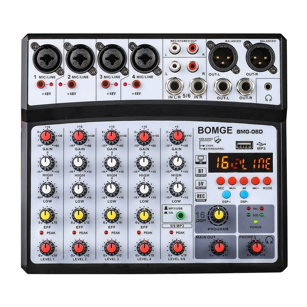 BOMGE Professional 6 Channel 99DSP DJ Audio Sound Mixer Interface Mixing Console Desktop Karaoke with MP3 Input, USB, Bluetooth Input, Stereo Recording, 48V Phantom Power (BLACK)