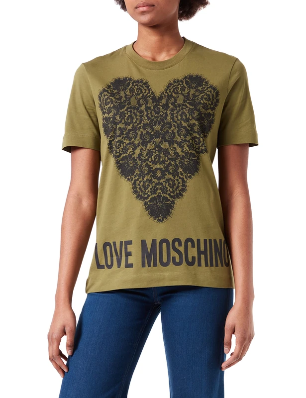 Love Moschino Women's t-Shirt with Maxi lace Heart and Logo Print, Green, 46