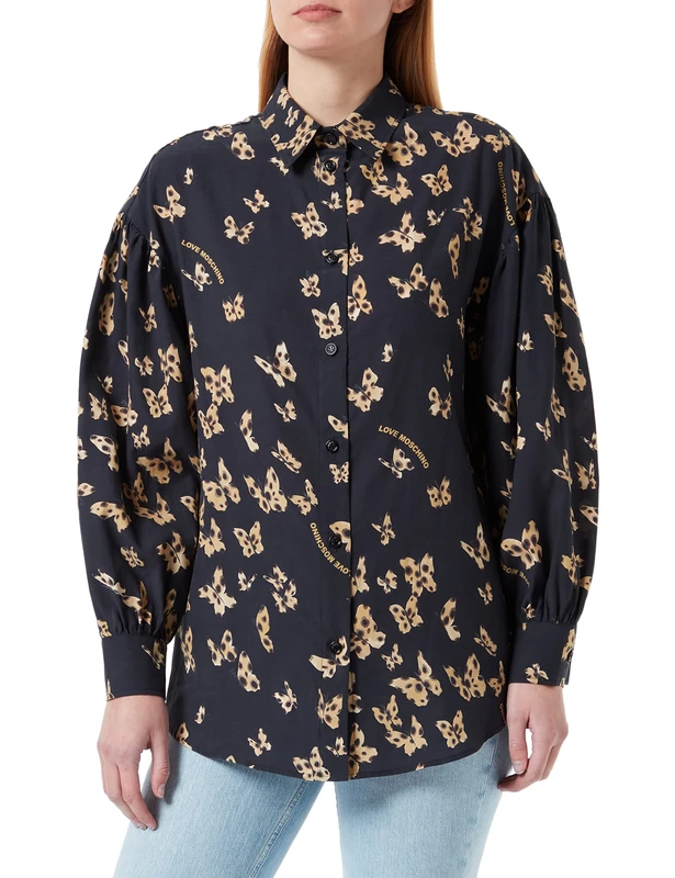 Love Moschino Women's Shirt Printed Allover animalier Butterflies, FARFALL.FO.Nero, 40