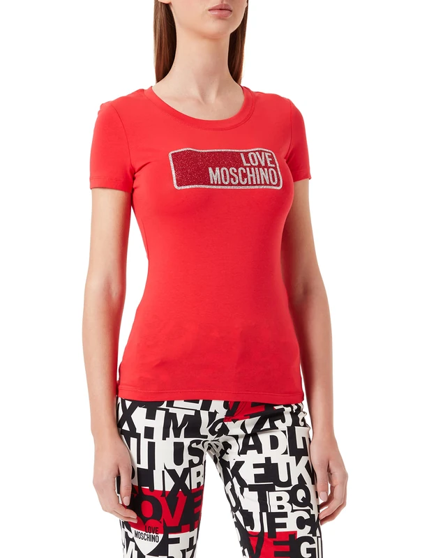 Love Moschino Womens t-Shirt Glittered Brand Print T-Shirt, Red, 40
