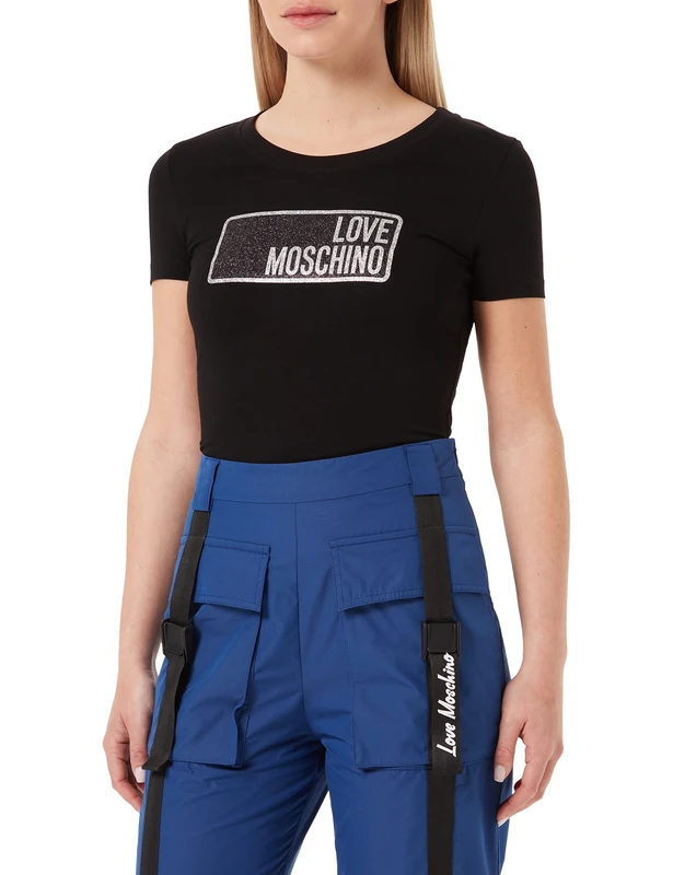 Love Moschino Women's t-Shirt Glittered Brand Print, Black, 40