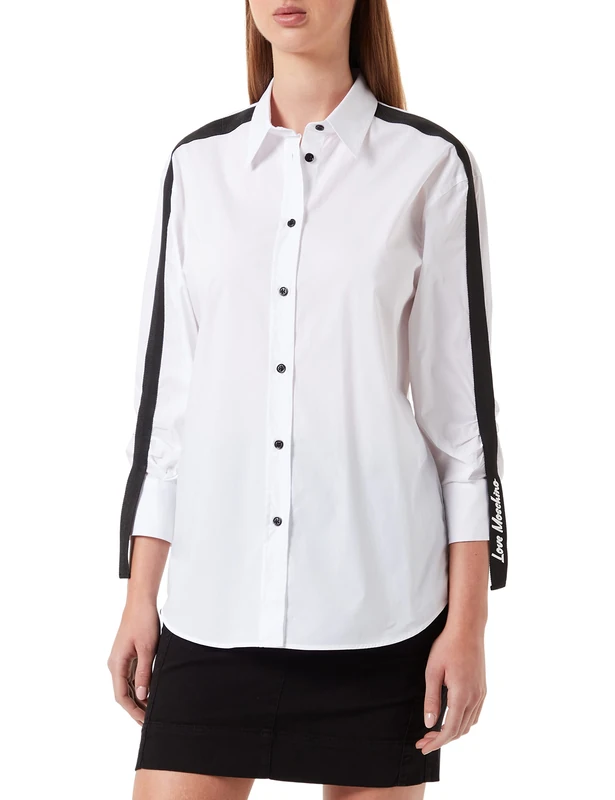Love Moschino Women's Shirt with Ribbons and Rubber Print, Optical White, 38