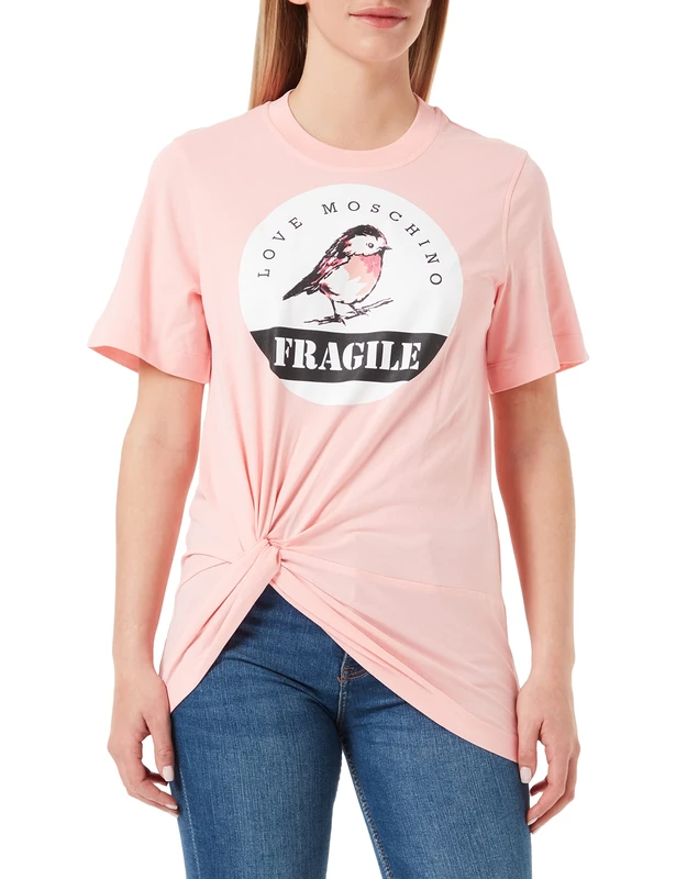 Love Moschino Women's t-Shirt with Front Knot and Bird Print, Pink, 42