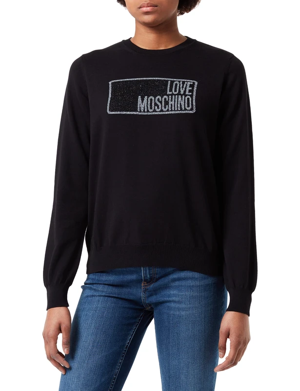 Love Moschino Women's Pullover with Lurex Jacquard Intarsia Sweater, Black, 38