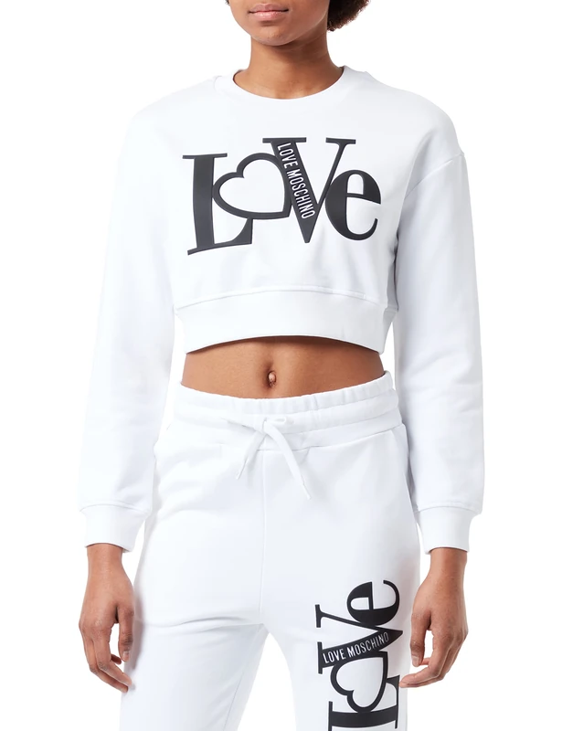 Love Moschino Women's Cropped fit Round Neck Sweatshirt, Optical White, 44
