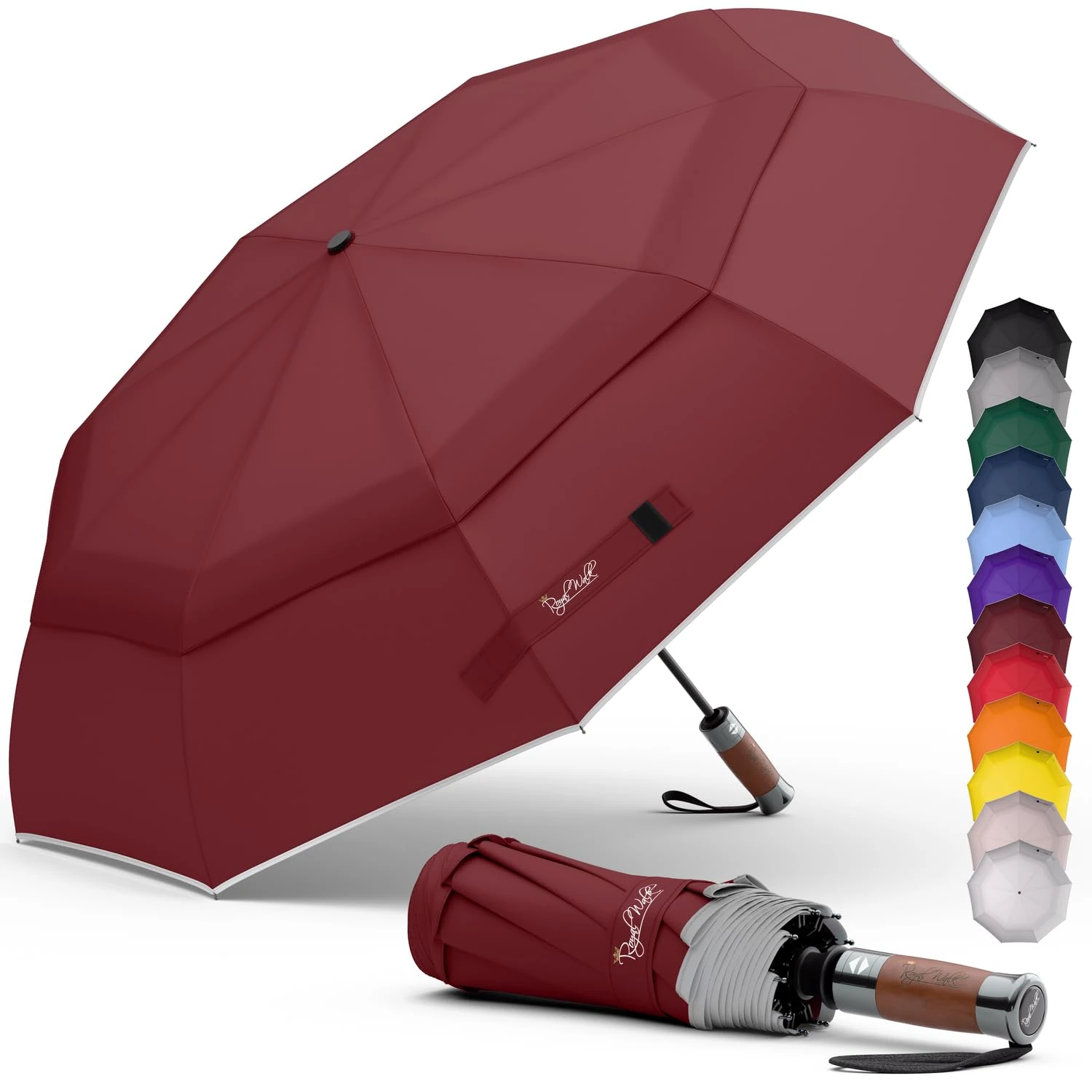 Royal Walk Windproof Folding Travel Umbrella Compact and Strong Luxurious Real Wood Handle Automatic Open Close Vented Double Canopy for Men and Women (Dark Red)