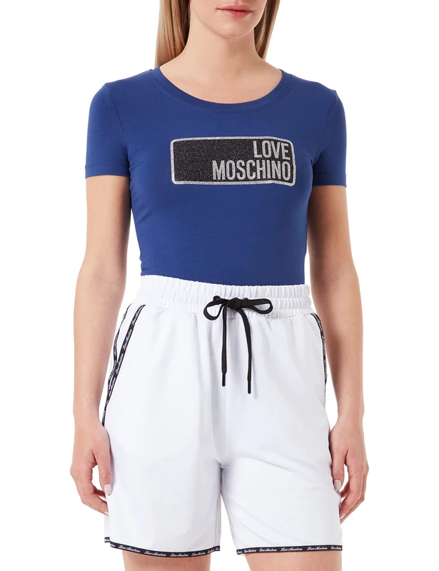 Love Moschino Womens t-Shirt Glittered Brand Print T-Shirt, Blue, 40