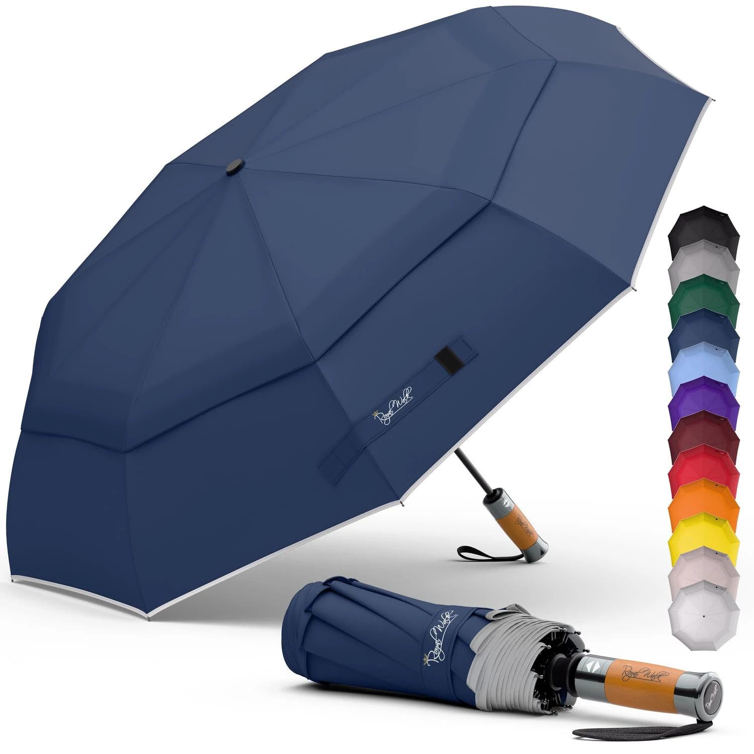 Royal Walk Windproof Folding Travel Umbrella Compact and Strong Luxurious Real Wood Handle Automatic Open Close Vented Double Canopy for Men and Women (Dark Blue)