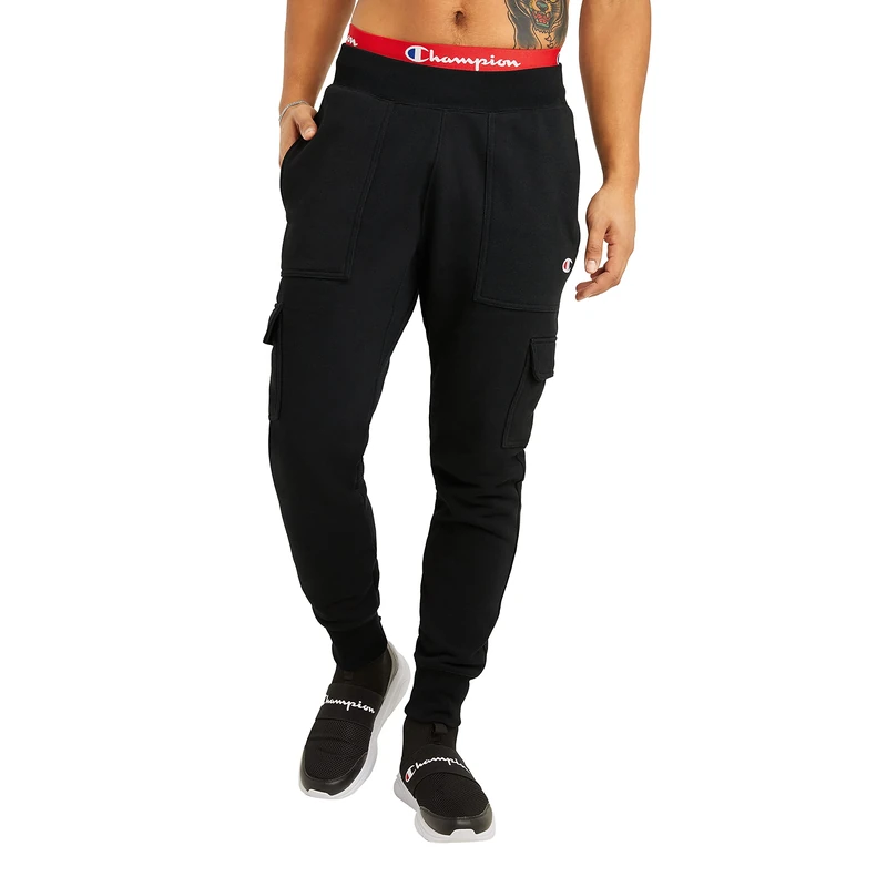 Champion Men's Jogging Bottoms, Inverted Fleece Cargo Trousers, Heavy, 30.5 Inch Pants, Black C Logo, XL