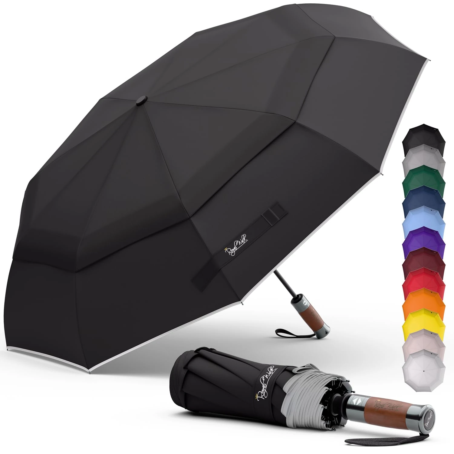Royal Walk Windproof Folding Travel Umbrella Compact and Strong Luxurious Real Wood Handle Automatic Open Close Vented Double Canopy for Men and Women (Black)