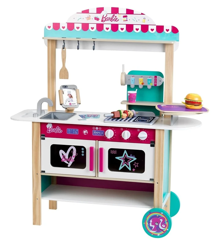 Theo Klein 7324 Barbie Restaurant Bistro, wood (MDF) I With barbecue, oven and refrigerator I incl. bistro accessories I Toy for children aged 3 and over