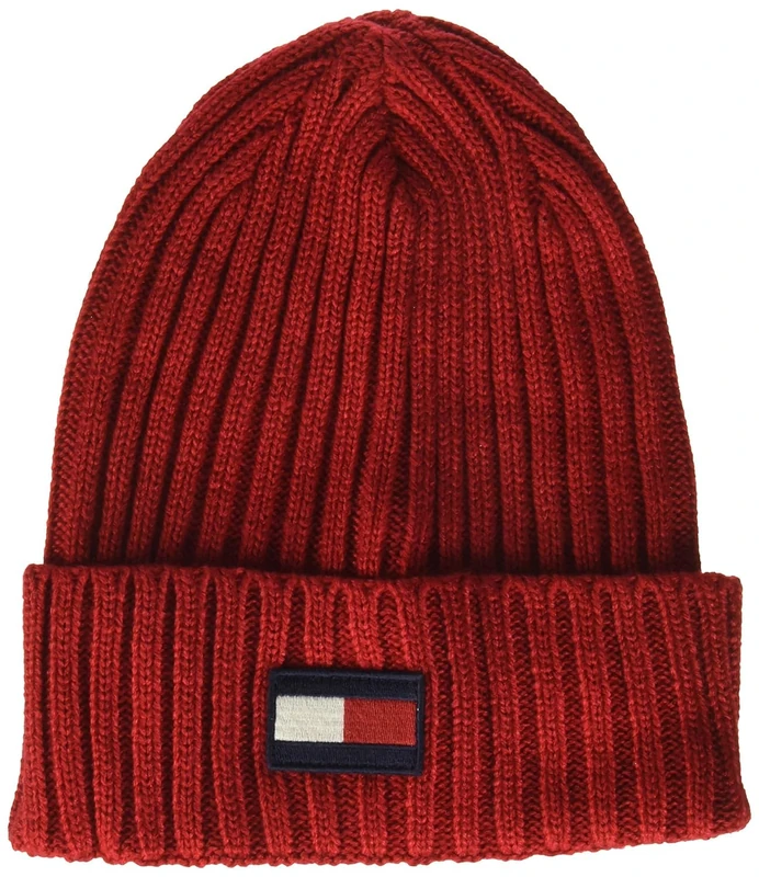 Tommy Hilfiger Men's Ribbed Cuff Hat Beanie, Red Flag Patch, One Size