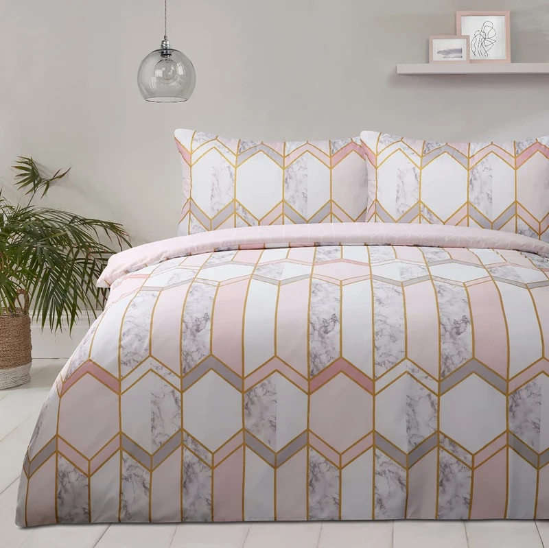 Sleepdown Geometric Metallic Marble Blush Pink Reversible Soft Cosy Easy Care Duvet Cover Quilt Bedding Set with Pillowcases - Super King (260cm x 220cm)