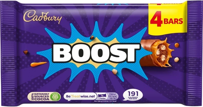 Cadbury Boost Original Chocolate Bars Filled With Biscuit & Cocoa With Chewy Caramel & Cadbury Milk Chocolate, Multipack of 4 x 37 g Bars (Pack of 1)