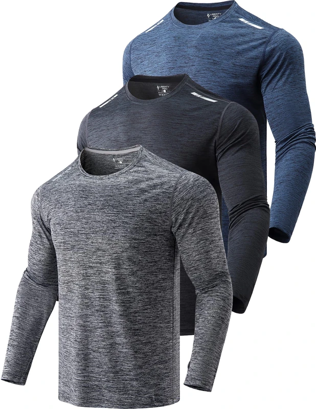 3 Pack: Men's Dry Fit Long Sleeve T Shirts, Lightweight Athletic Performance Tops with Thumb Holes Hiking, Heather Navy/Black/Dark Grey, Large