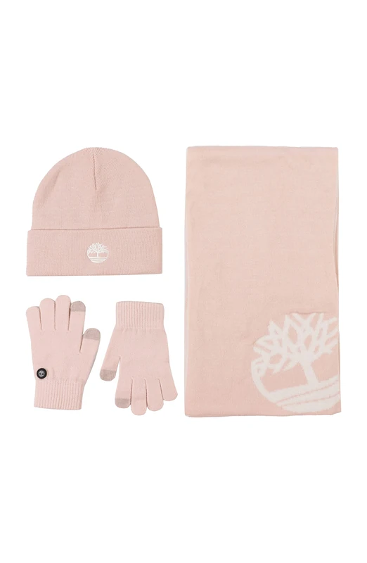Timberland Women's Double Layer Scarf, Cuffed Beanie & Magic Glove Gift Set Hat, Cameo Rose, One Size