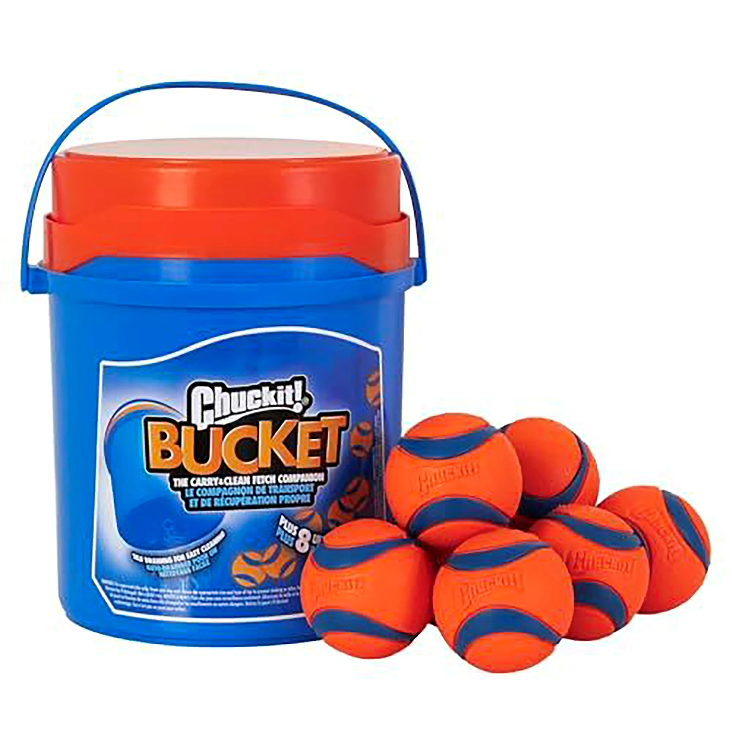 ChuckIt! Ultra Ball Dog Toy Chuckit Bucket Durable Rubber Dog Ball and Bucket High Bounce Floating Chuck It Launcher Compatible Toy Balls For Dogs with Carrier, 8 Pack, Medium