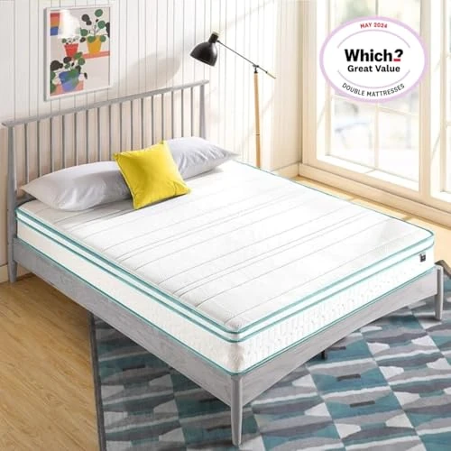Zinus Double Mattress in memory foam and Spring 135x190 cm - Hybrid Mattress - Mattress Height 25 cm, White