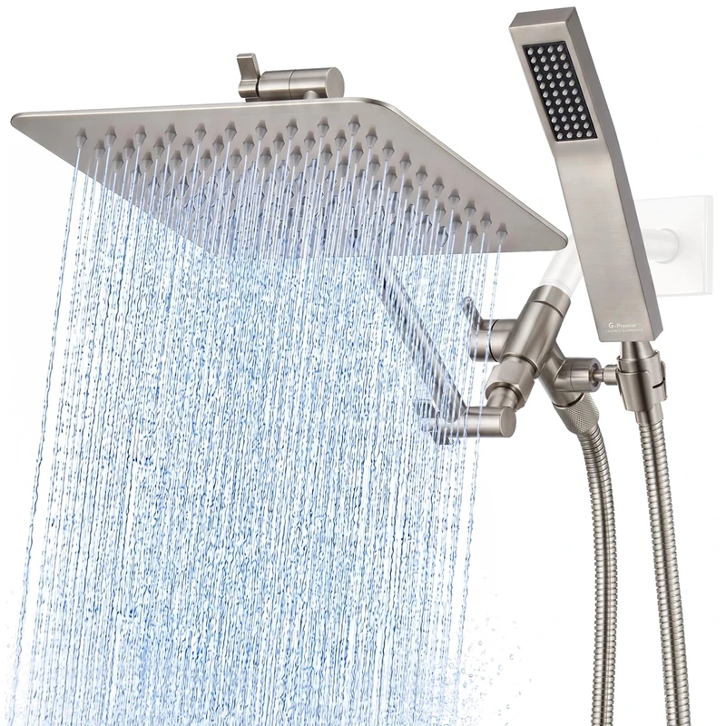 G-Promise All Metal Dual Square Shower Head Combo | 8" Rain Shower Head | Handheld Shower Wand | Smooth 3-Way Diverter | with 11" Adjustable Extender - A Bathroom Upgrade (Brushed Nickel)
