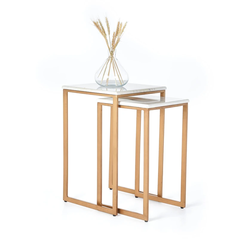 Penguin Home Set of 2 White Marble Top Side Tables with Sturdy Gold Painted Metal Iron Rectangle Legs Stylish Modern Coffee End Bedside Table Bedroom Living Room Office|Sizes-38x38x61cm & 33x33x56cm| - Image 1